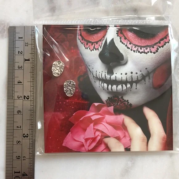 Skeleton Sugar Skull Day Of The Dead Halloween Dia de Los Muertos Post Earrings - Picture 10 of 11